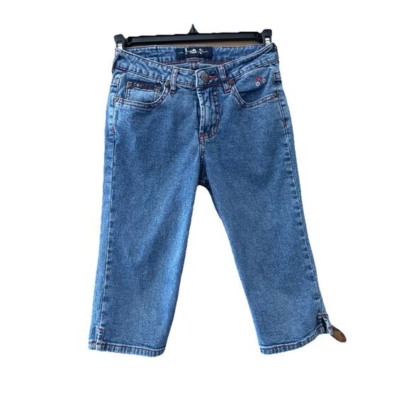 LEI Girls 10 Capri Jeans Contrasting Red Stitching Vintage Y2K Flower Power - Picture 1 of 6
